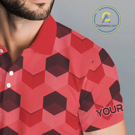 Plaid Mens Golf Polo Shirt Custom Abstract Red Hexagon Pattern Golf Shirts For Men NHN0156