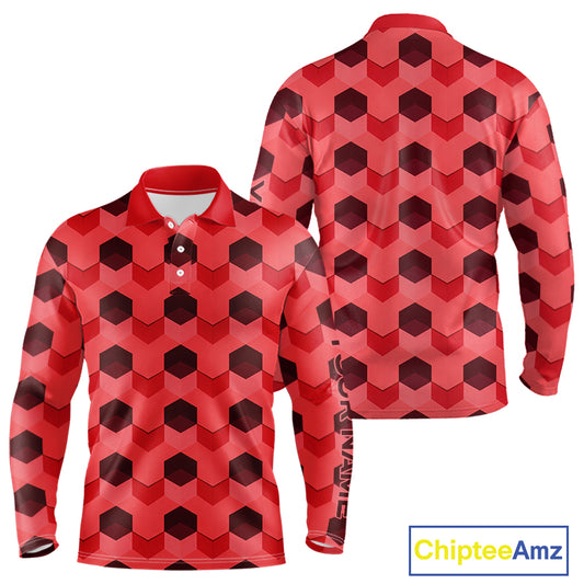 Plaid Long Sleeve Golf Polo Shirt Custom Abstract Red Hexagon Pattern Golf Shirts For Men NHN0156