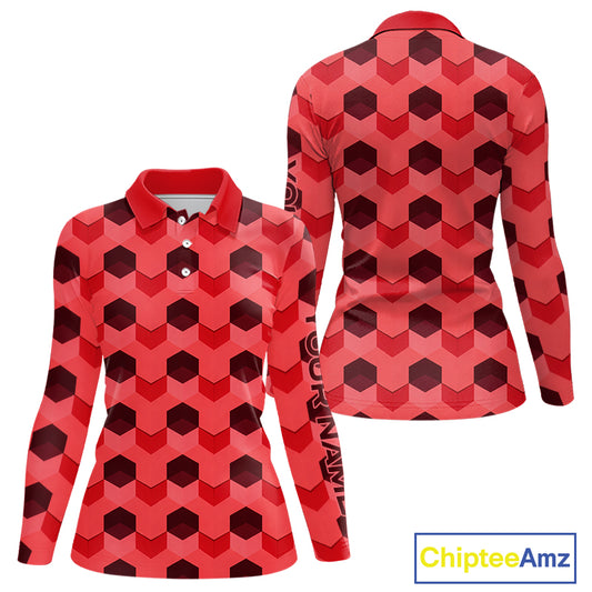 Plaid Long Sleeve Golf Polo Shirt Custom Abstract Red Hexagon Pattern Golf Shirts For Women NHN0156