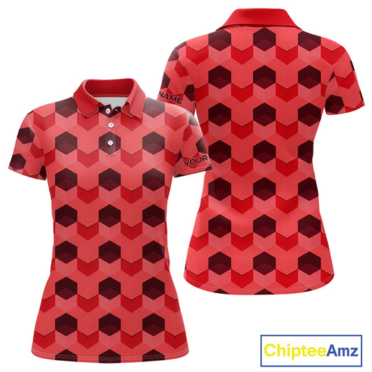 Plaid Womens Golf Polo Shirt Custom Abstract Red Hexagon Pattern Golf Shirts For Ladies NHN0156