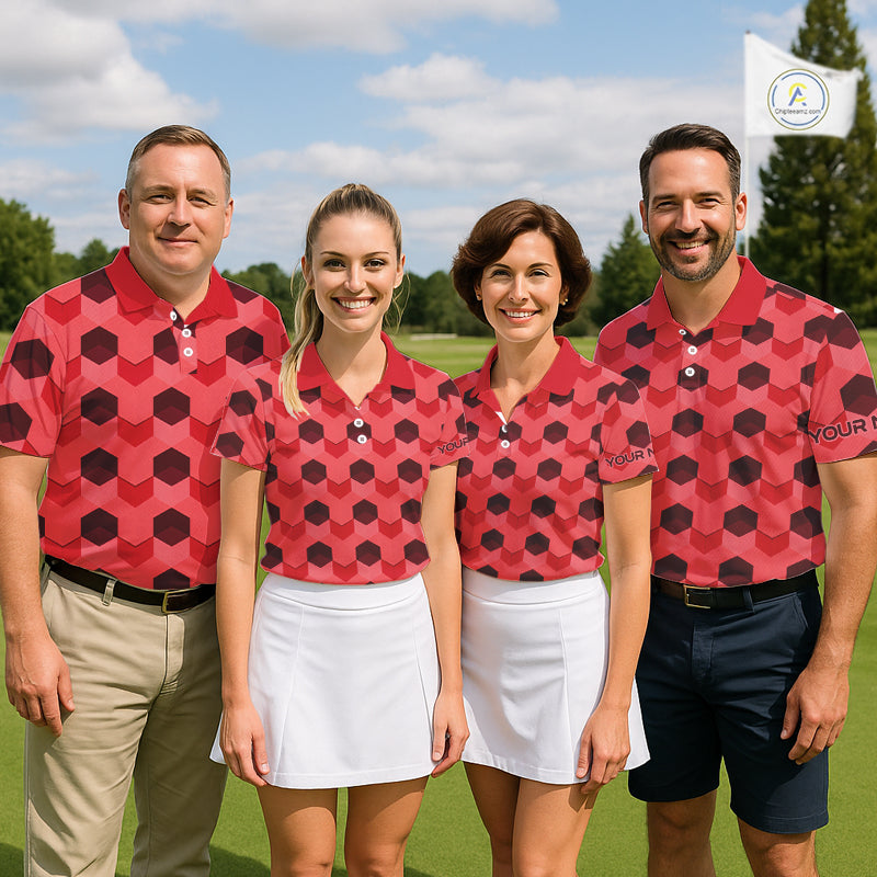 Plaid Mens Golf Polo Shirt Custom Abstract Red Hexagon Pattern Golf Shirts For Men NHN0156