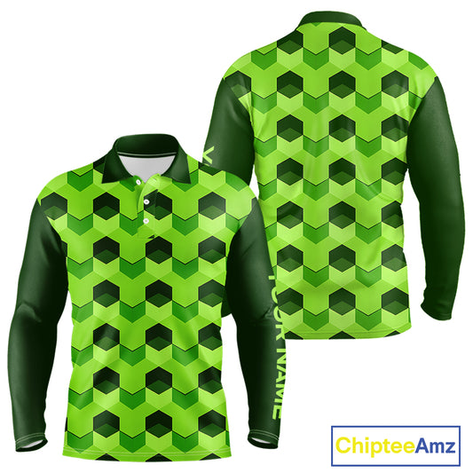Plaid Long Sleeve Golf Polo Shirt Custom Abstract Green Hexagon Pattern Golf Shirts For Men NHN0156