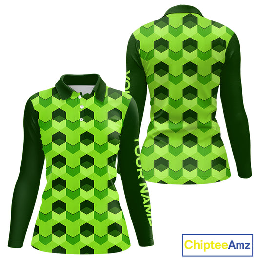 Plaid Womens Long Sleeve Golf Polo Shirt Custom Abstract Green Hexagon Pattern Golf Shirts For Ladies NHN0156