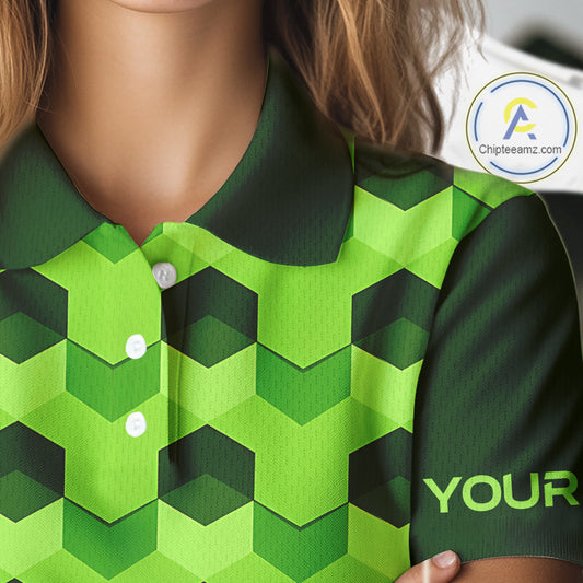 Plaid Womens Golf Polo Shirt Custom Abstract Green Hexagon Pattern Golf Shirts For Ladies NHN0156