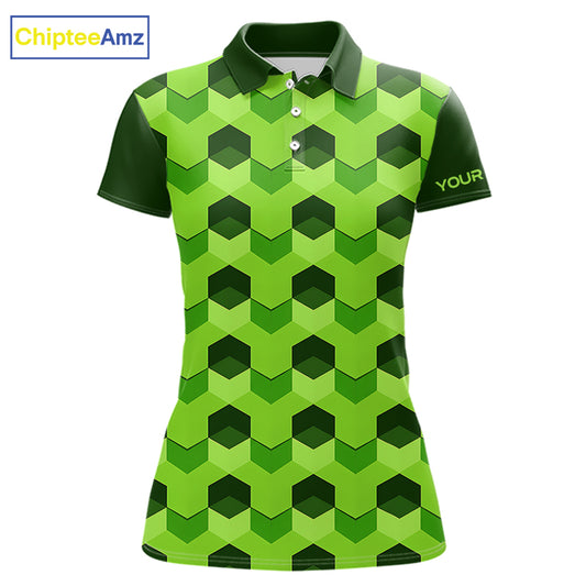 Plaid Womens Golf Polo Shirt Custom Abstract Green Hexagon Pattern Golf Shirts For Ladies NHN0156