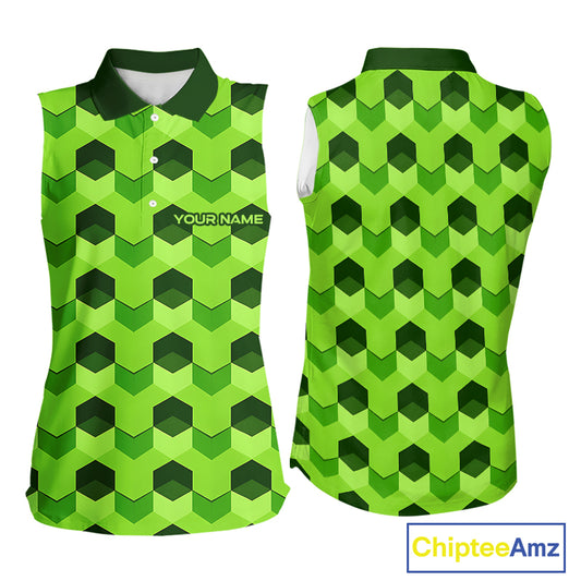 Plaid Womens Sleeveless Golf Polo Shirt Custom Abstract Green Hexagon Pattern Golf Shirts NHN0156