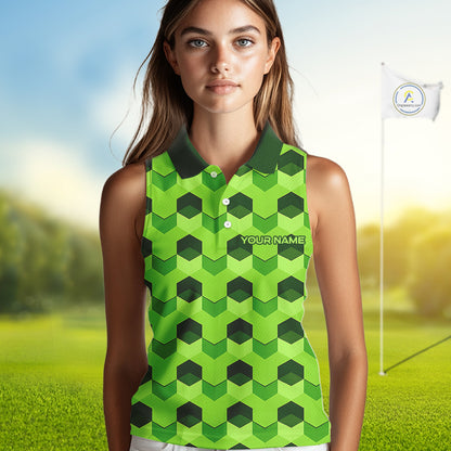 Plaid Womens Sleeveless Golf Polo Shirt Custom Abstract Green Hexagon Pattern Golf Shirts NHN0156