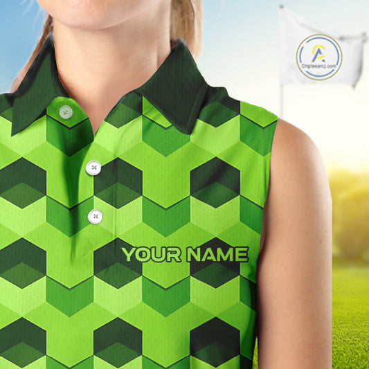 Plaid Womens Sleeveless Golf Polo Shirt Custom Abstract Green Hexagon Pattern Golf Shirts NHN0156