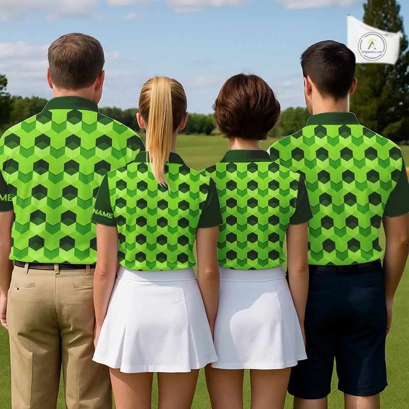 Plaid Womens Golf Polo Shirt Custom Abstract Green Hexagon Pattern Golf Shirts For Ladies NHN0156
