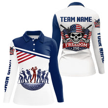 Load image into Gallery viewer, Womens Long Sleeve Golf Polo Shirt 250th Anniversary American Flag Skull Golf Shirts, Patriotic Gift NHN0143