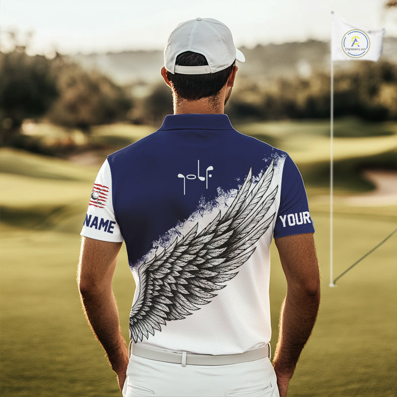 American Flag Eagle Mens Golf Polo Shirts Custom Patriotic Eagle Blue & White Golf Attire For Men NHN0041