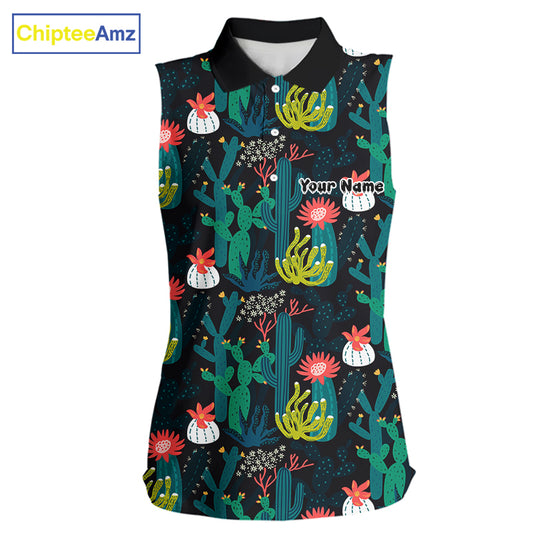 Funny Desert Cactus Pattern Womens Sleeveless Golf Polo Shirts Custom Cactus Golf Shirt For Ladies NHN0186