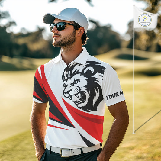 Mens Golf Polo Shirts Custom Golf Ball Red And Black Pattern Lion Golf Shirts For Men Golf Gifts NHN0064
