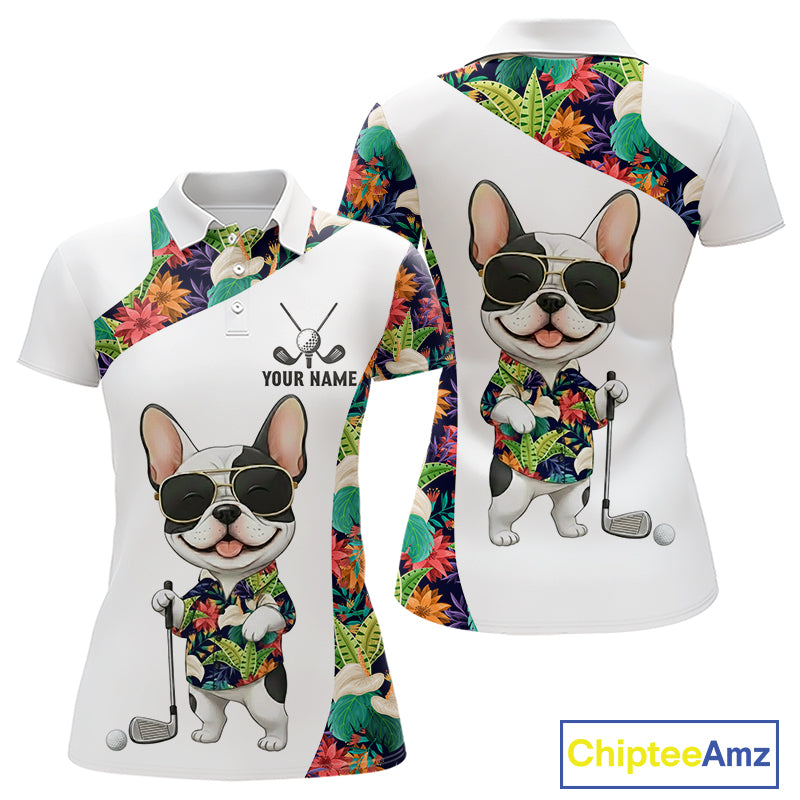 Funny Womens Golf Polo Shirt Custom Tropical Leaf Pattern Personalized Bulldog Golf Shirts For Women NHN0067