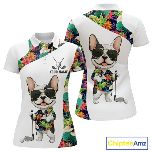 Funny Womens Golf Polo Shirt Custom Tropical Leaf Pattern Personalized Bulldog Golf Shirts For Women NHN0067