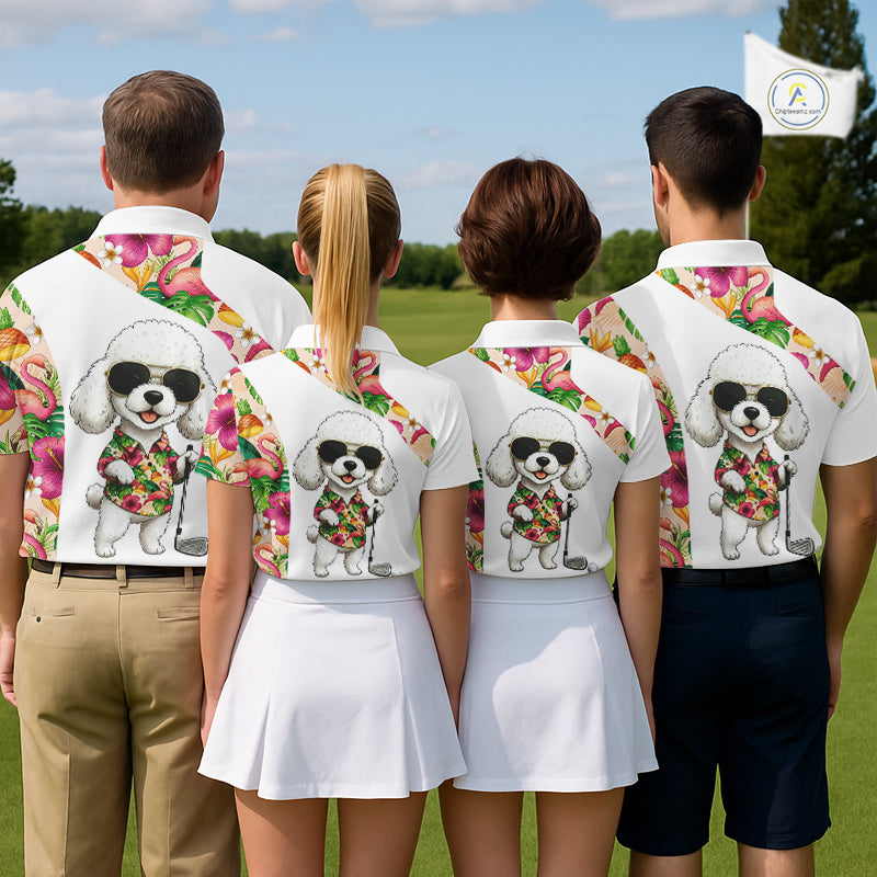 Funny Mens Golf Polo Shirt Custom Tropical Flamingo Pink Pattern, White Poodle Golf Outfit For Men NHN0067