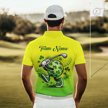 Load image into Gallery viewer, Neon Green Mens Golf Polo Shirt Custom Name Green Clover St Patrick Day Golf Shirts For Men NHN0206