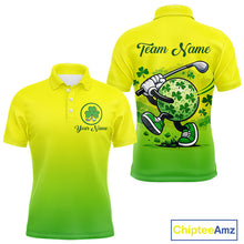 Load image into Gallery viewer, Neon Green Mens Golf Polo Shirt Custom Name Green Clover St Patrick Day Golf Shirts For Men NHN0206
