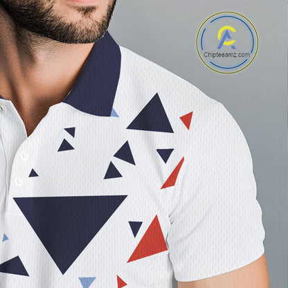 Mens Golf Polo Shirt Custom Orange And Blue Triangle Pattern Team Golf Tops, White Golf Attire NHN0086