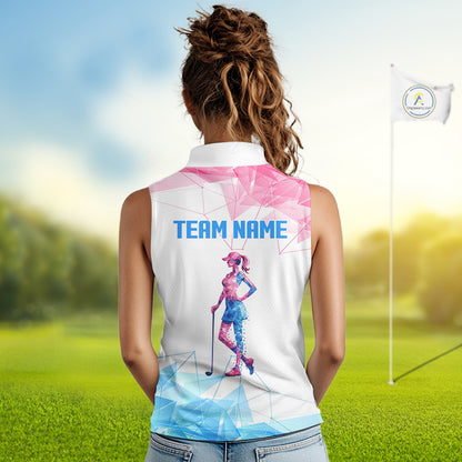 Womens Sleeveless Golf Polo Shirt Blue And Pink Polygonal Pattern Custom White Golf Clubs Golf Shirts NHN0098