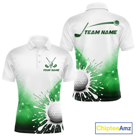 Green Geometric Triangle Pattern Mens Golf Polo Shirt Custom Watercolor Golf Ball White Golf Tops NHN0119