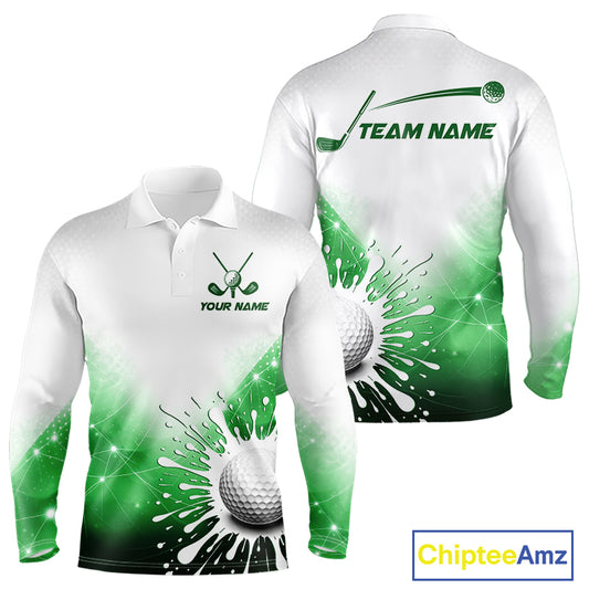 Green Geometric Triangle Pattern Long Sleeve Golf Polo Shirt Custom Watercolor Golf Ball White Golf Tops NHN0119