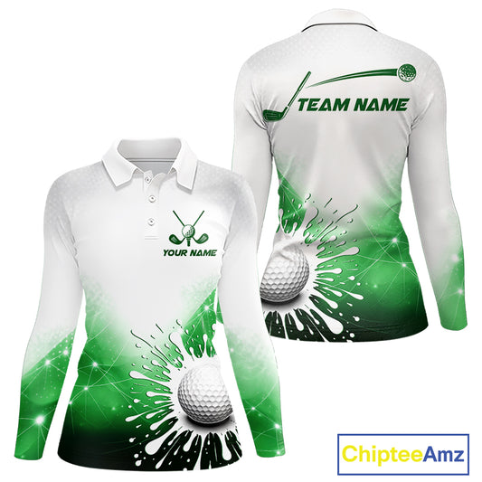 Green Geometric Triangle Women Long Sleeve Golf Polo Shirt Custom Watercolor Golf Ball White Golf Tops NHN0119