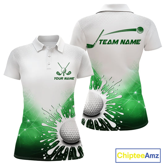 Green Geometric Triangle Pattern Womens Golf Polo Shirt Custom Watercolor Golf Ball White Golf Tops NHN0119