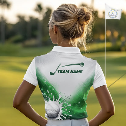 Green Geometric Triangle Pattern Womens Golf Polo Shirt Custom Watercolor Golf Ball White Golf Tops NHN0119