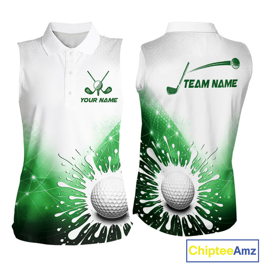 Green Geometric Triangle Pattern Womens Sleeveless Golf Polo Shirt Custom Watercolor Golf Tops NHN0119