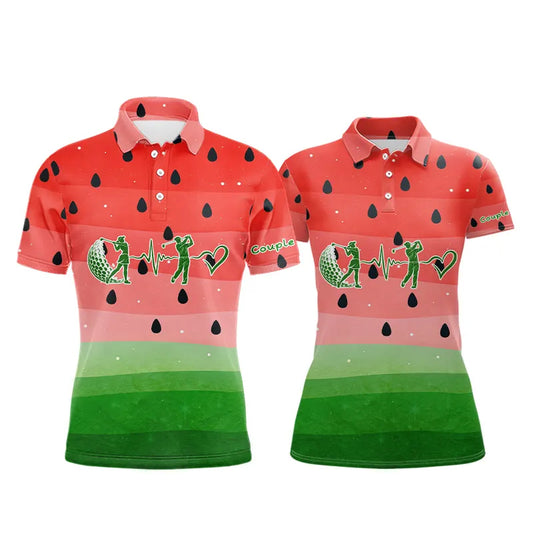 Watermelon Polo Shirt For Men Women, Heartbeat Couple Matching Golf Polo Shirt Custom Valentines Outfit NHN0148