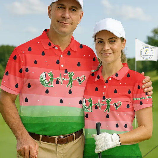 Watermelon Polo Shirt For Men Women, Heartbeat Couple Matching Golf Polo Shirt Custom Valentines Outfit NHN0148