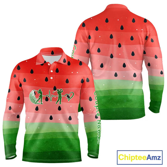 Watermelon Mens Polo Shirt, Heartbeat Matching Long Sleeve Golf Polo Shirt Custom Valentines Outfit NHN0148