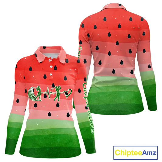 Watermelon Womens Polo Shirt, Heartbeat Matching Long Sleeve Golf Polo Shirt Custom Valentines Outfit NHN0148