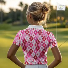 Load image into Gallery viewer, Pink Plaid Womens Golf Polo Shirt Custom Pink Ribbon Breast Cancer Awareness Team Golf Tops NHN0165