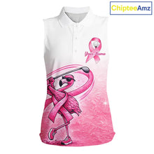 Load image into Gallery viewer, Pink Breast Cancer Golf Shirt, Funny Flamingo Womens Sleeveless Golf Polo Shirt Custom Name Golf Gifts NHN0167