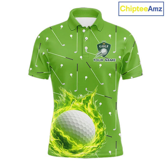 Mens Golf Polo Shirt Custom Green And White Golf Ball Flame Team Golf Shirts, Golf Tops For Men NHN0179