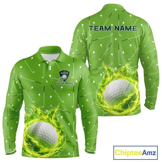 Long Sleeve Golf Polo Shirt Custom Green And White Golf Ball Flame Team Golf Shirts, Golf Tops For Men NHN0179