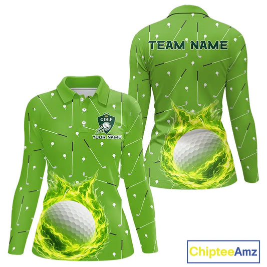 Womens Long Sleeve Golf Polo Shirt Custom Green And White Golf Ball Flame Team Shirts, Ladies Golf Top NHN0179