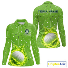 Load image into Gallery viewer, Womens Long Sleeve Golf Polo Shirt Custom Green And White Golf Ball Flame Team Shirts, Ladies Golf Top NHN0179