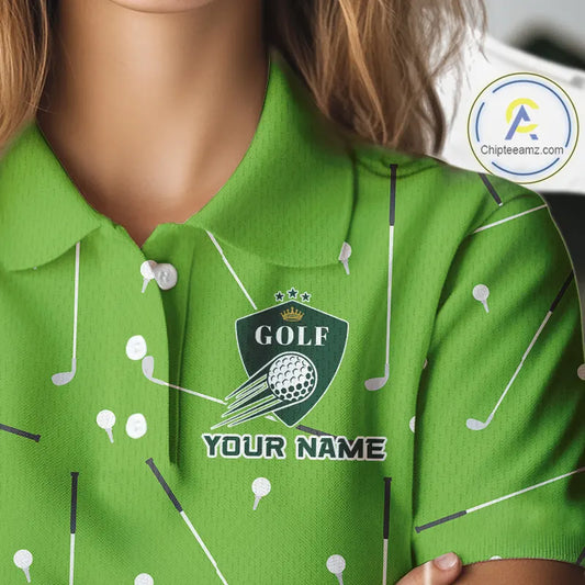 Womens Golf Polo Shirt Custom Green And White Golf Ball Flame Team Golf Shirts, Ladies Golf Top NHN0179