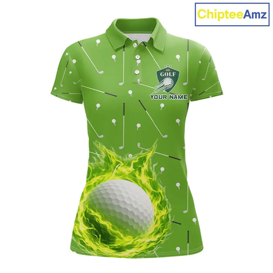 Womens Golf Polo Shirt Custom Green And White Golf Ball Flame Team Golf Shirts, Ladies Golf Top NHN0179