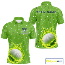 Load image into Gallery viewer, Mens Golf Polo Shirt Custom Green And White Golf Ball Flame Team Golf Shirts, Golf Tops For Men NHN0179