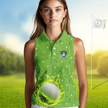 Load image into Gallery viewer, Womens Sleeveless Golf Polo Shirt Custom Green And White Golf Ball Flame Team Shirts, Ladies Golf Top NHN0179