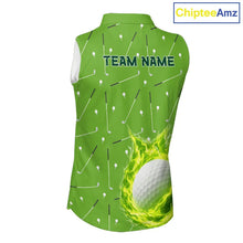 Load image into Gallery viewer, Womens Sleeveless Golf Polo Shirt Custom Green And White Golf Ball Flame Team Shirts, Ladies Golf Top NHN0179