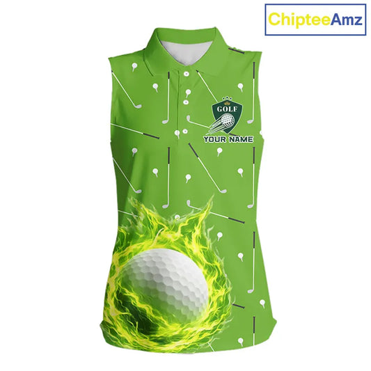 Womens Sleeveless Golf Polo Shirt Custom Green And White Golf Ball Flame Team Shirts, Ladies Golf Top NHN0179