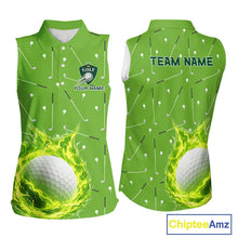 Load image into Gallery viewer, Womens Sleeveless Golf Polo Shirt Custom Green And White Golf Ball Flame Team Shirts, Ladies Golf Top NHN0179