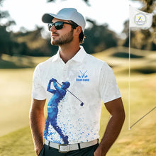 Load image into Gallery viewer, Blue And White Polygonal Pattern Mens Golf Polo Shirts Custom White Golf Clubs Golf Shirt For Men NHN0101