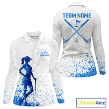 Load image into Gallery viewer, Blue And White Womens Long Sleeve Golf Polo Shirt Custom White Golf Clubs Golf Shirts For Ladies NHN0101