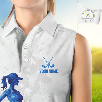 Blue And White Womens Sleeveless Golf Polo Shirt Custom White Golf Clubs Golf Shirt For Ladies NHN0101